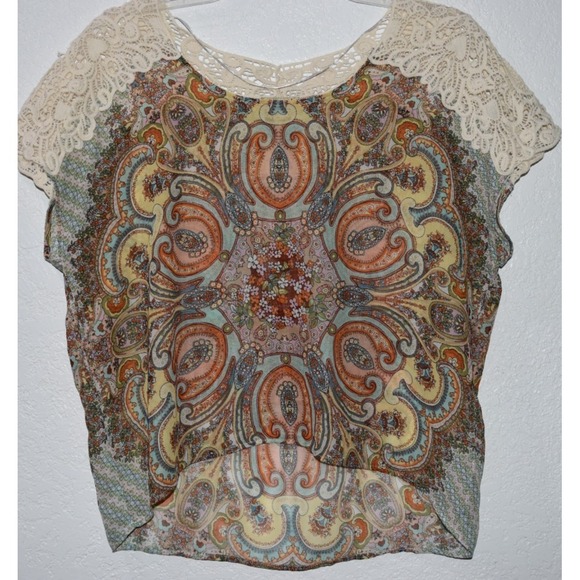 One World Sleeveless Top Large Crochet Shoulders High-Low Hem Sheer Boho Hippie - Picture 2 of 16